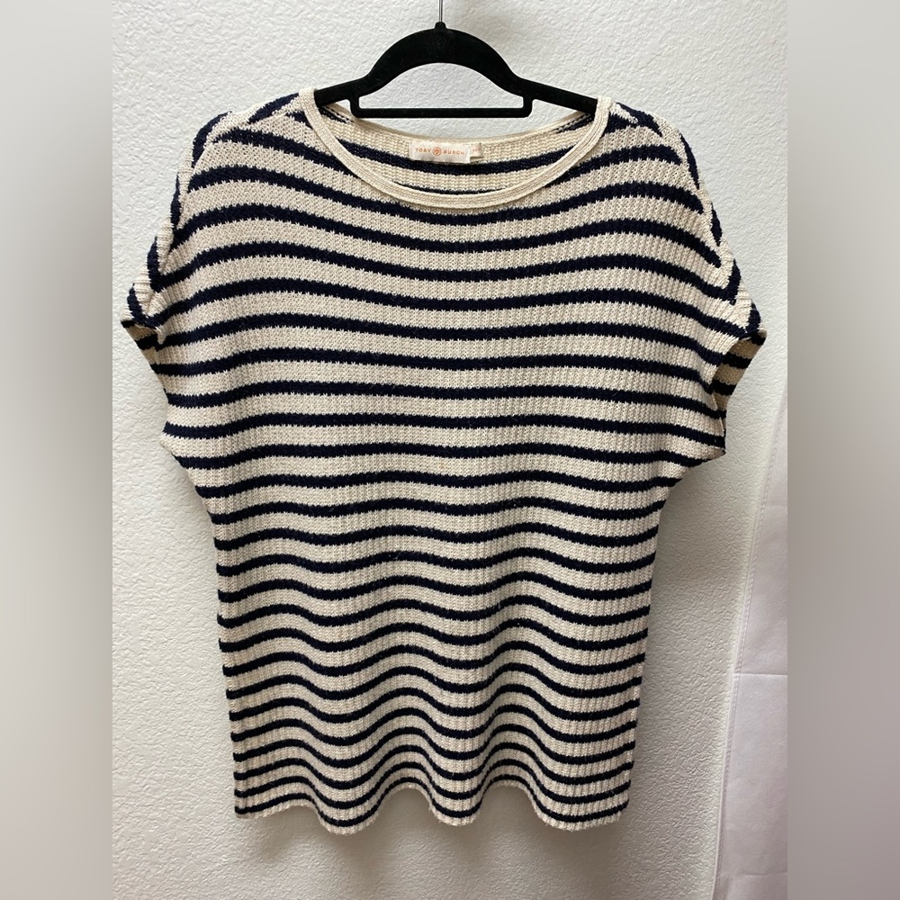 Tory Burch striped sweater. Wool & cashmere blend. Boat neck. Side vents.